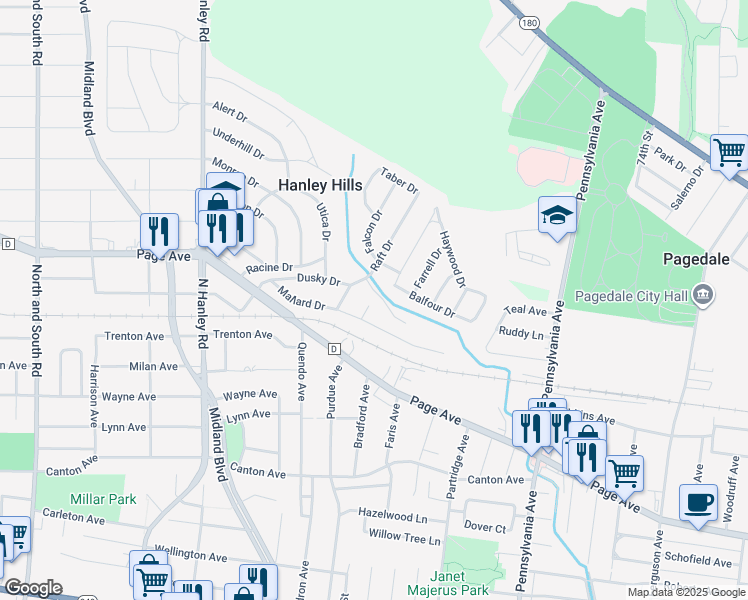 map of restaurants, bars, coffee shops, grocery stores, and more near 1814 Eider Court in St. Louis