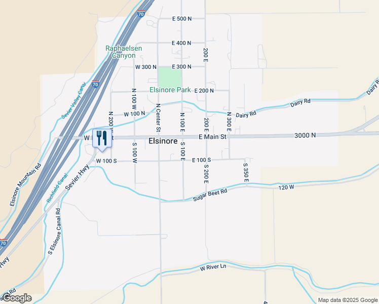map of restaurants, bars, coffee shops, grocery stores, and more near 69 North 100 East in Elsinore