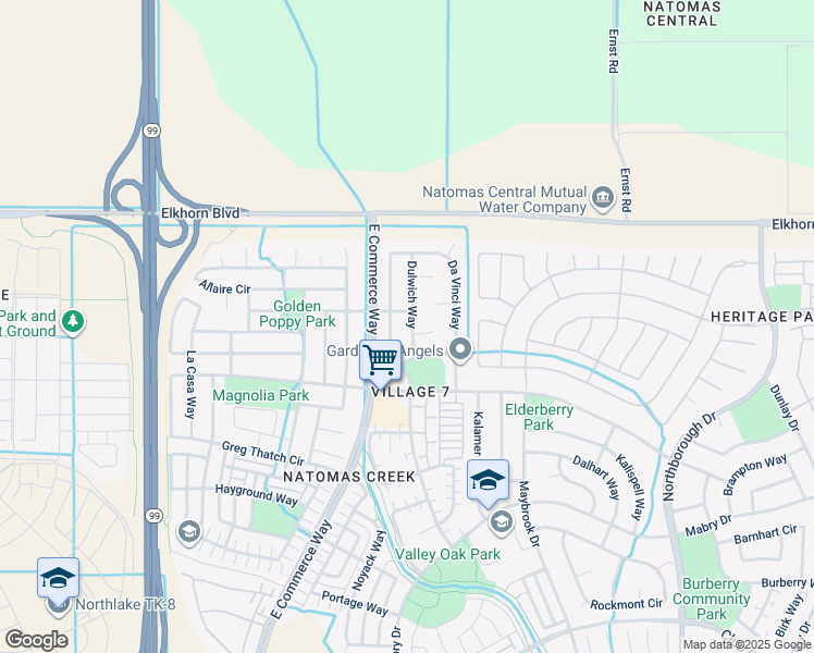 map of restaurants, bars, coffee shops, grocery stores, and more near 5833 Dulwich Way in Sacramento