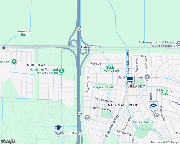 map of restaurants, bars, coffee shops, grocery stores, and more near 3433 Mas Amilos Way in Sacramento