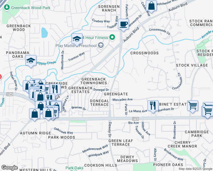 map of restaurants, bars, coffee shops, grocery stores, and more near 6441 Wexford Circle in Citrus Heights