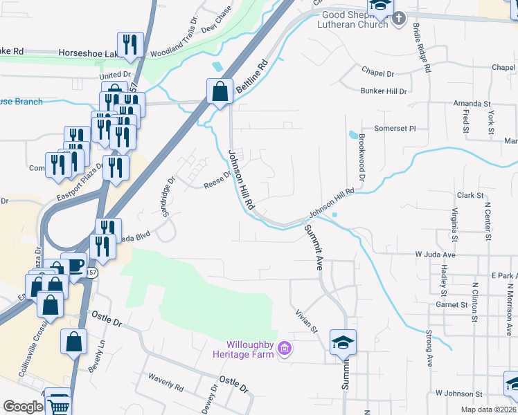 map of restaurants, bars, coffee shops, grocery stores, and more near 616 Johnson Hill Road in Collinsville