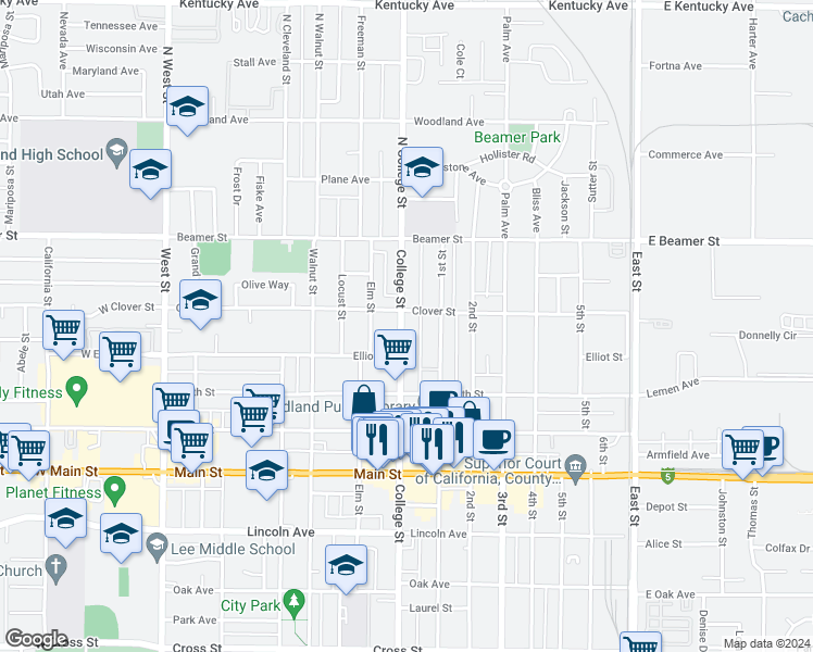 map of restaurants, bars, coffee shops, grocery stores, and more near 113 College Street in Woodland