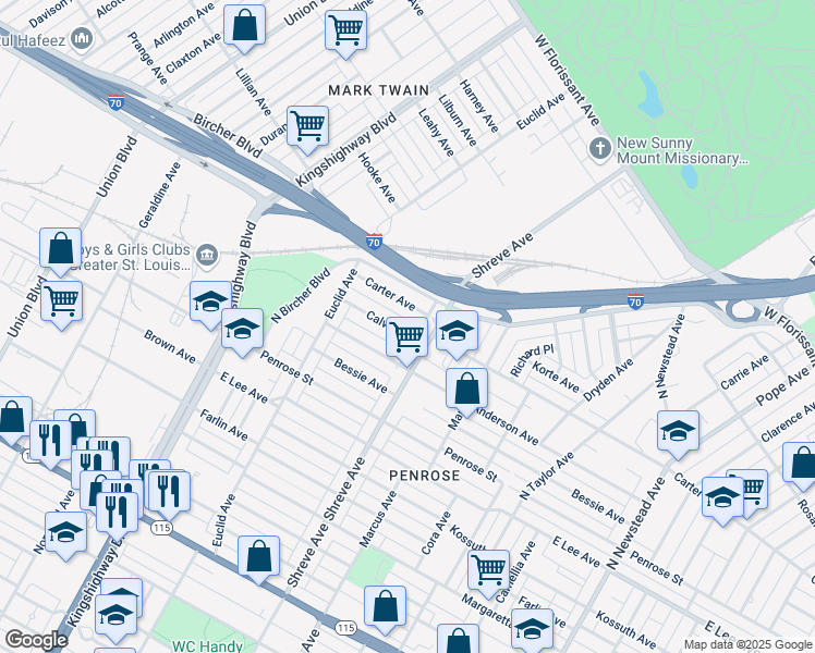 map of restaurants, bars, coffee shops, grocery stores, and more near 4840 Calvin Avenue in St. Louis