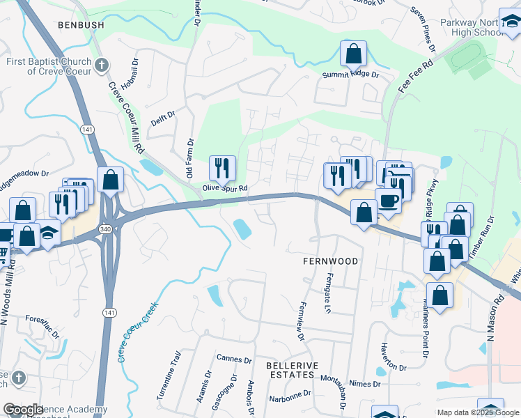 map of restaurants, bars, coffee shops, grocery stores, and more near 13101 Mill Crossing Court in Creve Coeur