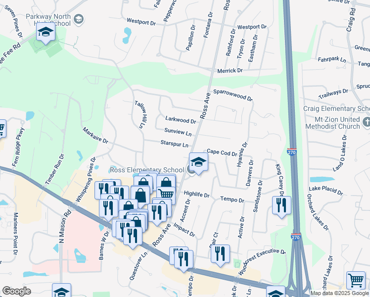 map of restaurants, bars, coffee shops, grocery stores, and more near 12508 Starspur Lane in St. Louis