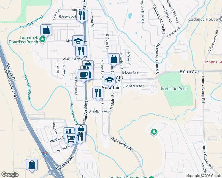 map of restaurants, bars, coffee shops, grocery stores, and more near 213 South Main Street in Fountain