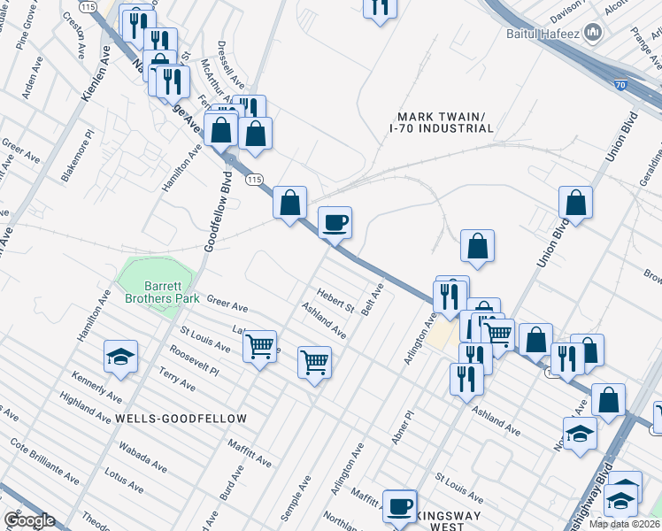 map of restaurants, bars, coffee shops, grocery stores, and more near 3424 Clara Avenue in St. Louis