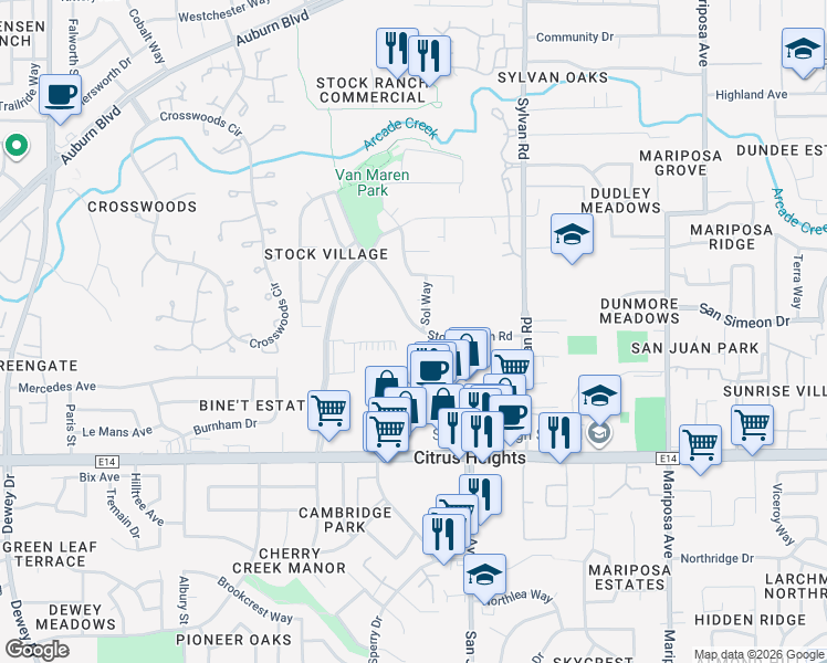 map of restaurants, bars, coffee shops, grocery stores, and more near 2 Stock Ranch Road in Citrus Heights