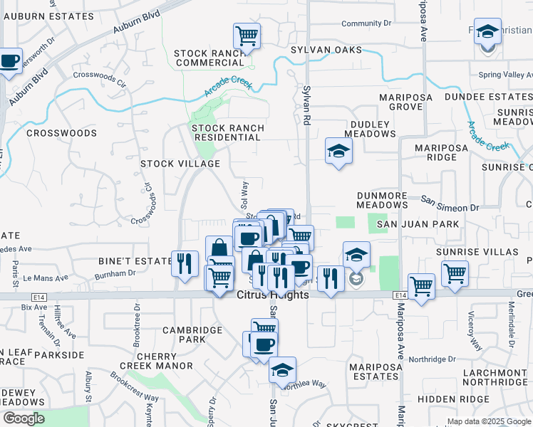 map of restaurants, bars, coffee shops, grocery stores, and more near 7375 Stock Ranch Road in Citrus Heights