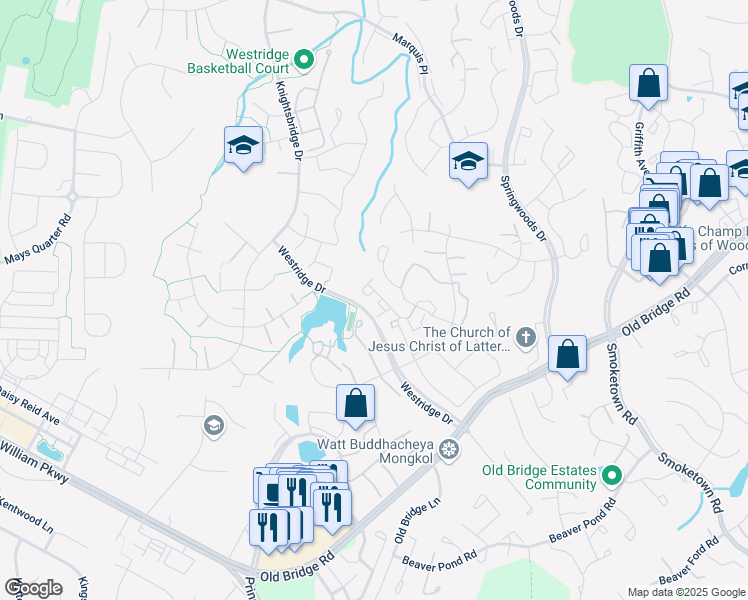 map of restaurants, bars, coffee shops, grocery stores, and more near 12578 Kempston Lane in Woodbridge