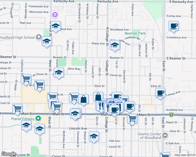 map of restaurants, bars, coffee shops, grocery stores, and more near 118 Elm Street in Woodland