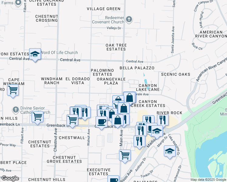 map of restaurants, bars, coffee shops, grocery stores, and more near 9327 Orangevale Avenue in Orangevale