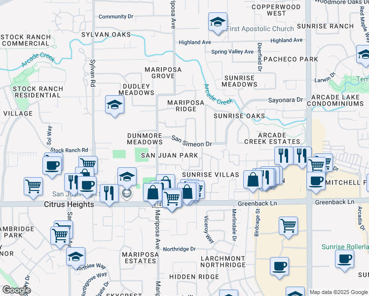 map of restaurants, bars, coffee shops, grocery stores, and more near 6402 Santa Catarina Way in Citrus Heights