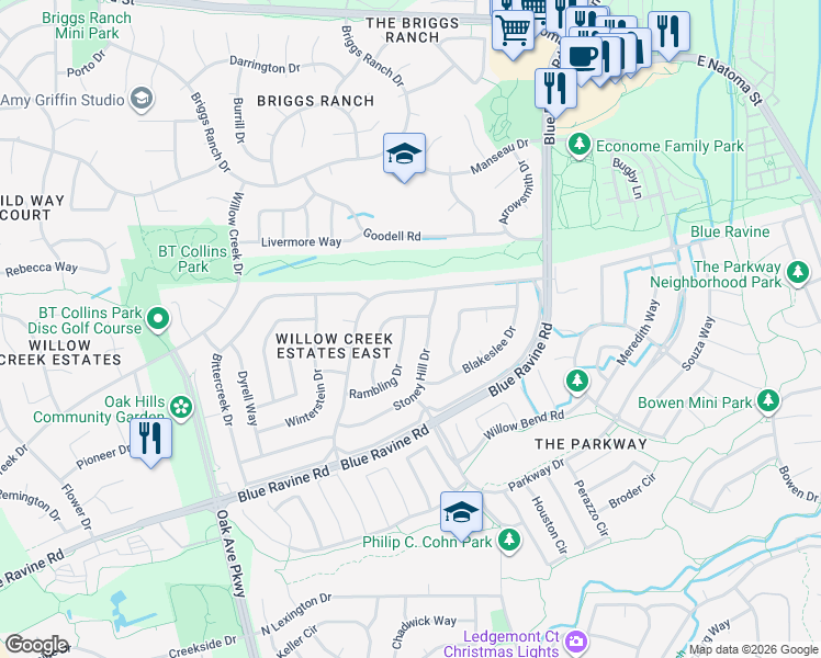 map of restaurants, bars, coffee shops, grocery stores, and more near 137 Rambling Drive in Folsom