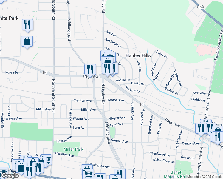 map of restaurants, bars, coffee shops, grocery stores, and more near 7375 Liberty Avenue in University City