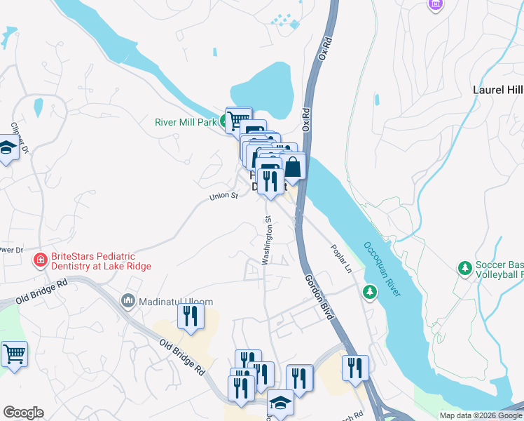 map of restaurants, bars, coffee shops, grocery stores, and more near 170 Washington Street in Occoquan Historic District
