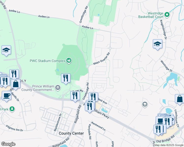 map of restaurants, bars, coffee shops, grocery stores, and more near 4462 Davis Fairfax Lane in Woodbridge