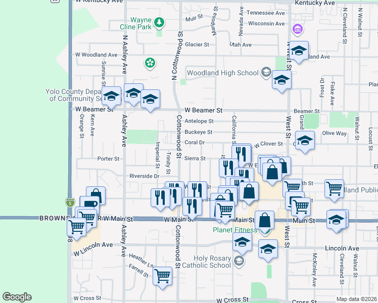 map of restaurants, bars, coffee shops, grocery stores, and more near 15 Verde Pl in Woodland