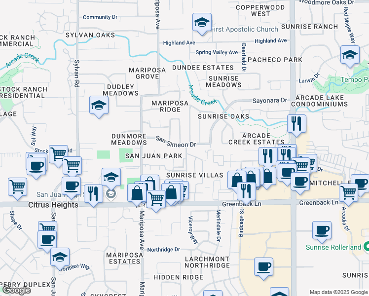 map of restaurants, bars, coffee shops, grocery stores, and more near 7678 San Simeon Drive in Citrus Heights