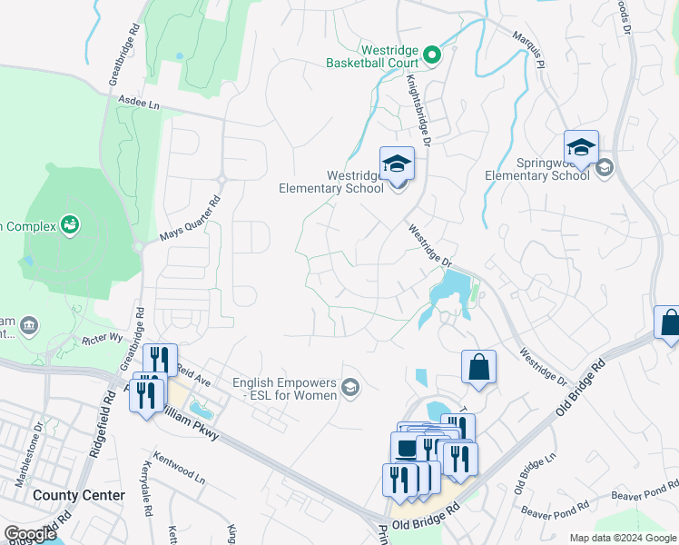 map of restaurants, bars, coffee shops, grocery stores, and more near 4328 Berwick Place in Woodbridge