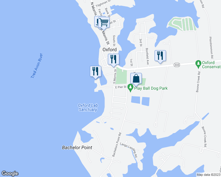 map of restaurants, bars, coffee shops, grocery stores, and more near 113 West Pier Street in Oxford
