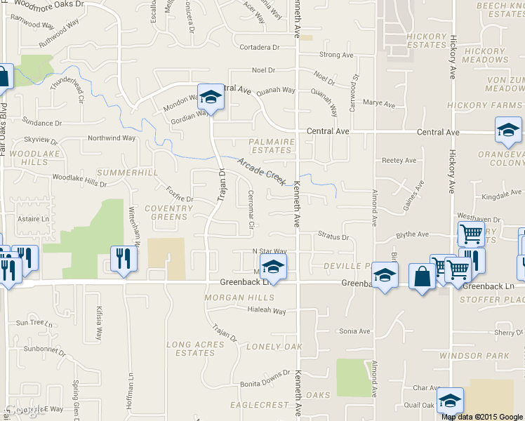 map of restaurants, bars, coffee shops, grocery stores, and more near 8461 Whispering Oak Lane in Orangevale
