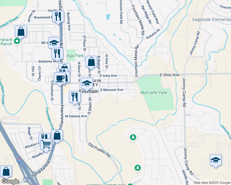 map of restaurants, bars, coffee shops, grocery stores, and more near 322 East Missouri Avenue in Fountain