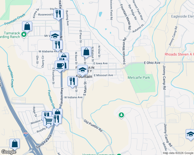map of restaurants, bars, coffee shops, grocery stores, and more near 218 East Missouri Avenue in Fountain