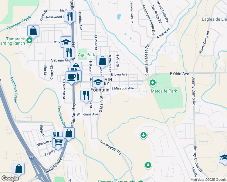 map of restaurants, bars, coffee shops, grocery stores, and more near 218 East Missouri Avenue in Fountain