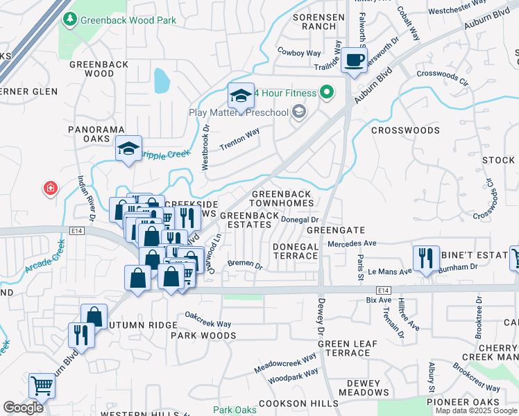 map of restaurants, bars, coffee shops, grocery stores, and more near 6446 Donegal Drive in Citrus Heights