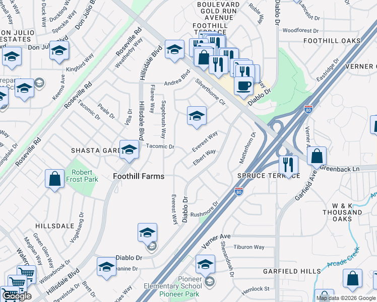 map of restaurants, bars, coffee shops, grocery stores, and more near 6401 Everest Way in Sacramento