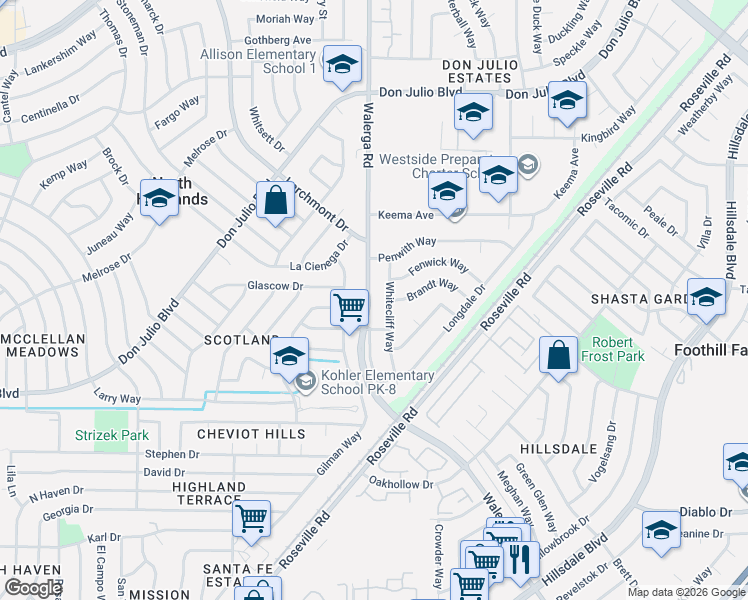 map of restaurants, bars, coffee shops, grocery stores, and more near 6316 Walerga Road in North Highlands