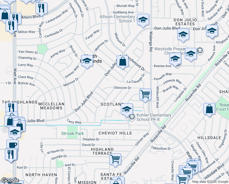map of restaurants, bars, coffee shops, grocery stores, and more near 6321 Dundee Drive in North Highlands