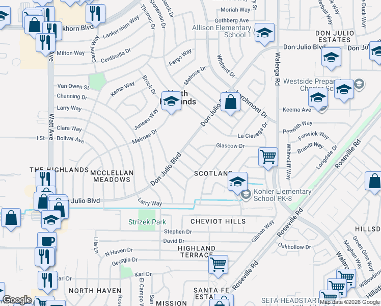 map of restaurants, bars, coffee shops, grocery stores, and more near 6220 Dewar Way in North Highlands