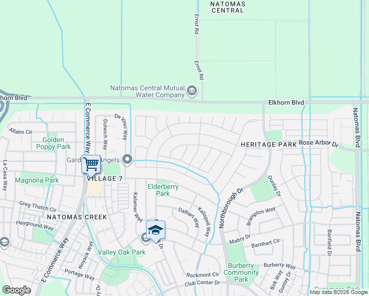 map of restaurants, bars, coffee shops, grocery stores, and more near 2818 Rockaway Lane in Sacramento