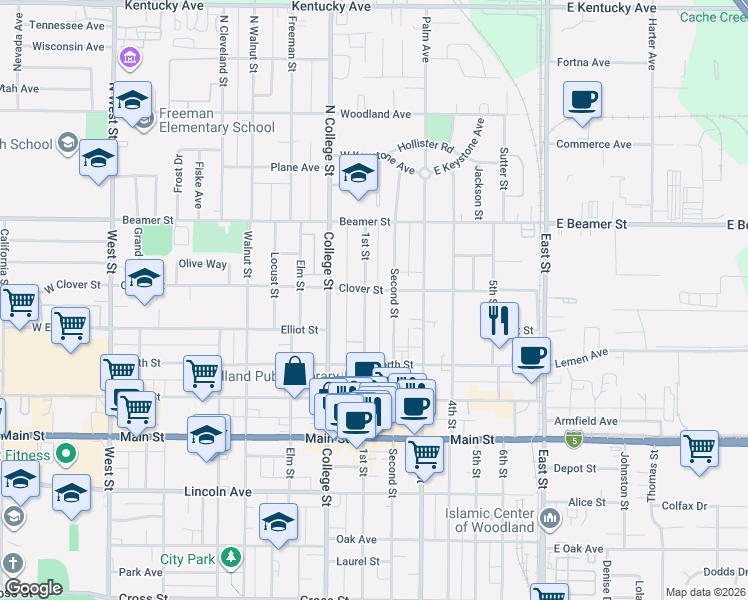 map of restaurants, bars, coffee shops, grocery stores, and more near 107 1st Street in Woodland