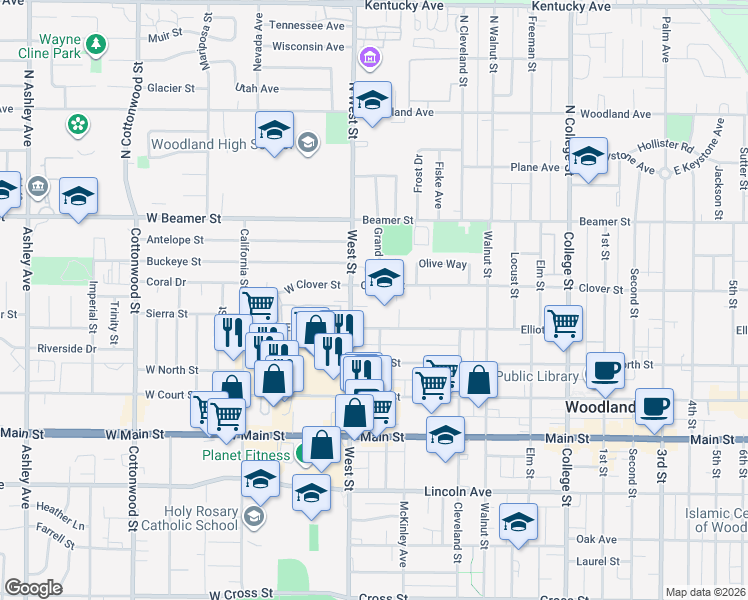 map of restaurants, bars, coffee shops, grocery stores, and more near 11 Central Place in Woodland