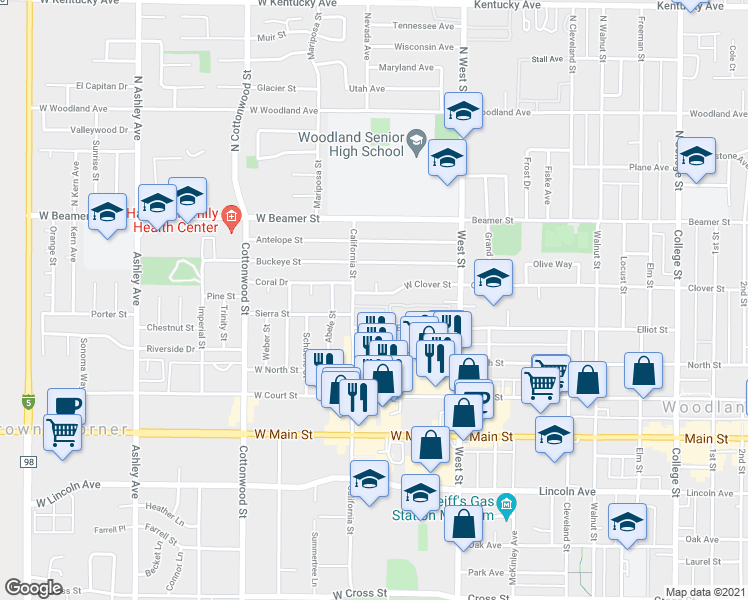 map of restaurants, bars, coffee shops, grocery stores, and more near 83 West Clover Street in Woodland