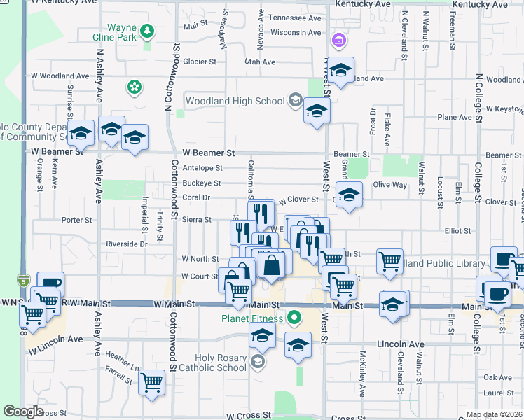 map of restaurants, bars, coffee shops, grocery stores, and more near 83 West Clover Street in Woodland