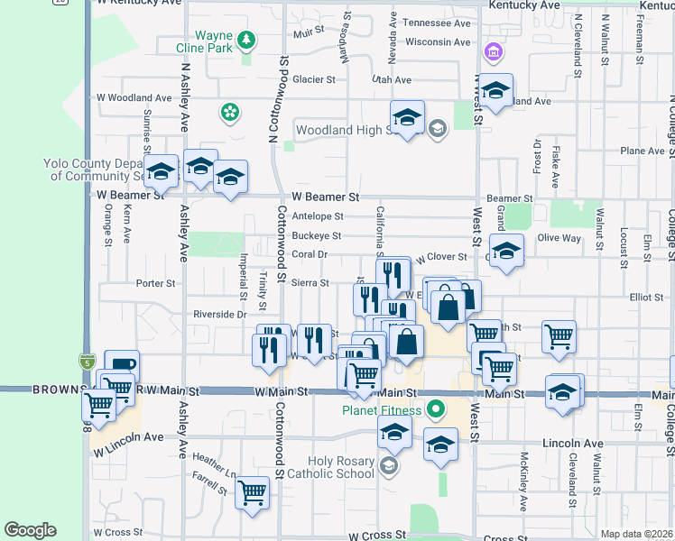 map of restaurants, bars, coffee shops, grocery stores, and more near 146 Sierra Street in Woodland