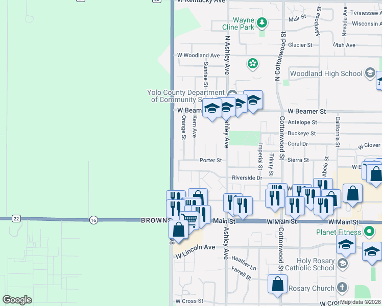 map of restaurants, bars, coffee shops, grocery stores, and more near 132-134 Orange St in Woodland