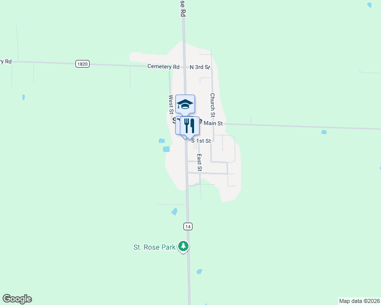 map of restaurants, bars, coffee shops, grocery stores, and more near 17808 Saint Rose Road in Breese