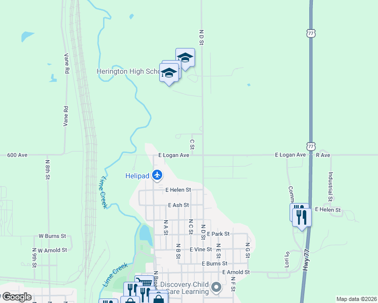 map of restaurants, bars, coffee shops, grocery stores, and more near 1201-1213 C Street in Herington