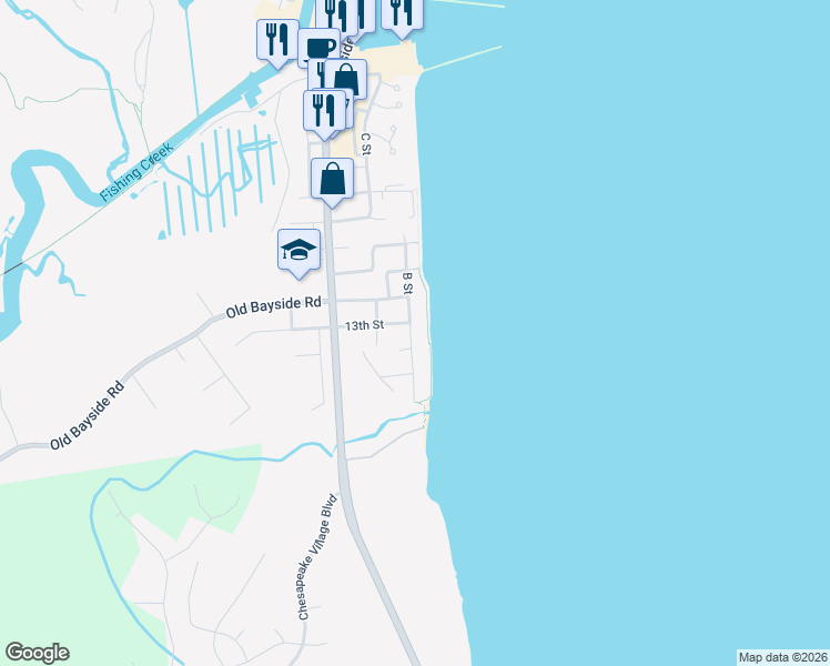 map of restaurants, bars, coffee shops, grocery stores, and more near 7409 B Street in Chesapeake Beach