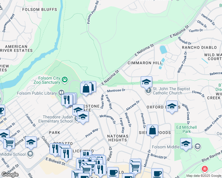map of restaurants, bars, coffee shops, grocery stores, and more near 337 Montrose Drive in Folsom