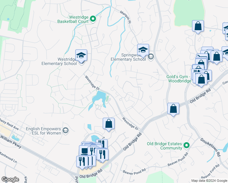 map of restaurants, bars, coffee shops, grocery stores, and more near 12572 Kempston Lane in Woodbridge