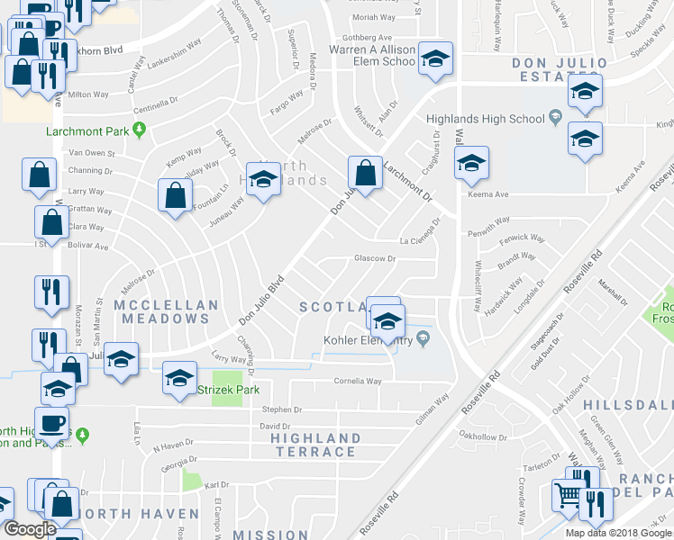 map of restaurants, bars, coffee shops, grocery stores, and more near 6321 Dundee Drive in North Highlands