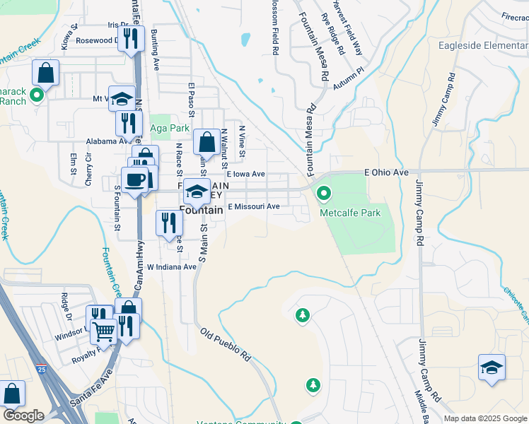 map of restaurants, bars, coffee shops, grocery stores, and more near 322 East Missouri Avenue in Fountain
