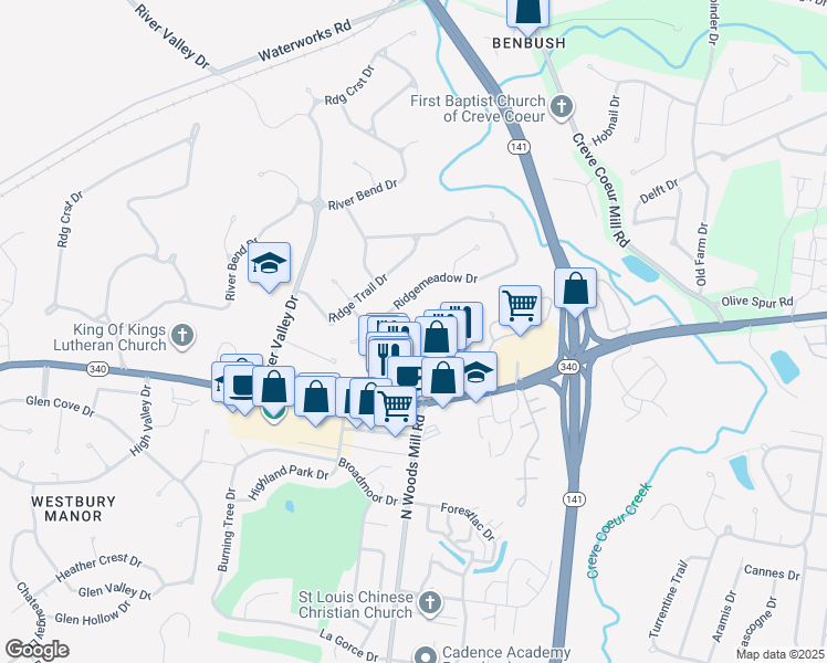 map of restaurants, bars, coffee shops, grocery stores, and more near 13509 Coliseum Drive in Chesterfield